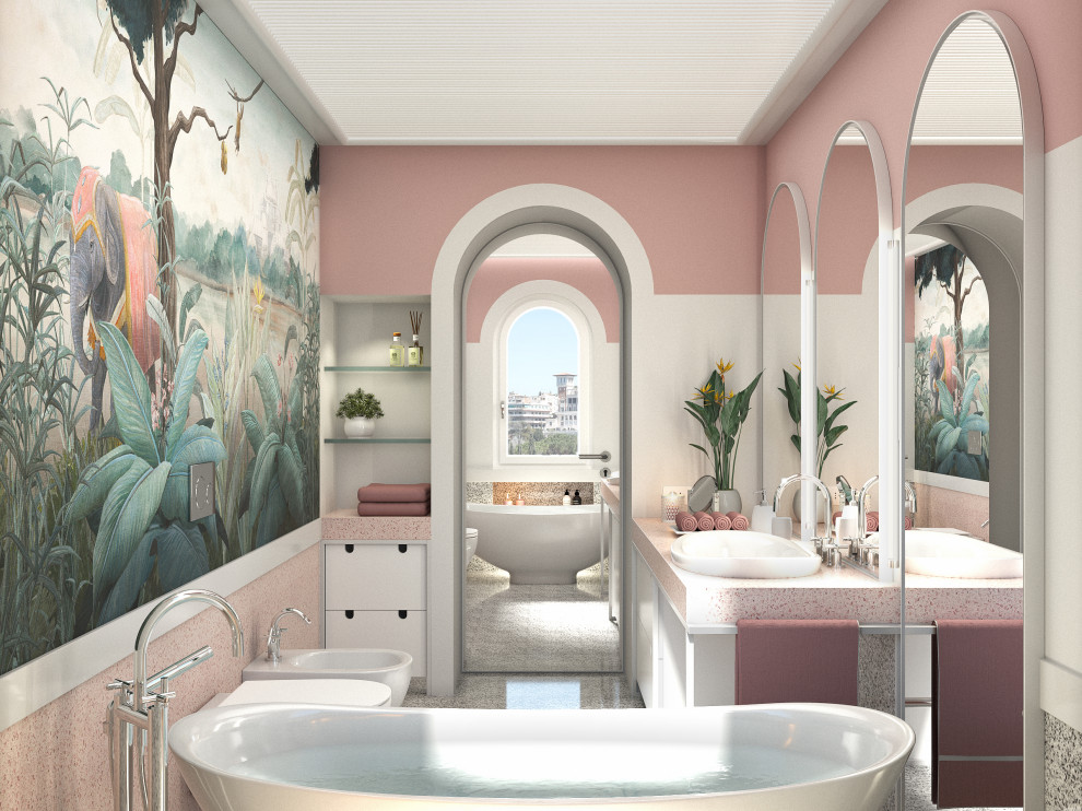 Свежая идея для дизайна: маленькая главная ванная комната в стиле фьюжн с плоскими фасадами, белыми фасадами, отдельно стоящей ванной, унитазом-моноблоком, черно-белой плиткой, мраморной плиткой, розовыми стенами, мраморным полом, накладной раковиной, столешницей терраццо, белым полом, розовой столешницей, нишей, тумбой под одну раковину, напольной тумбой, многоуровневым потолком и обоями на стенах для на участке и в саду - отличное фото интерьера
