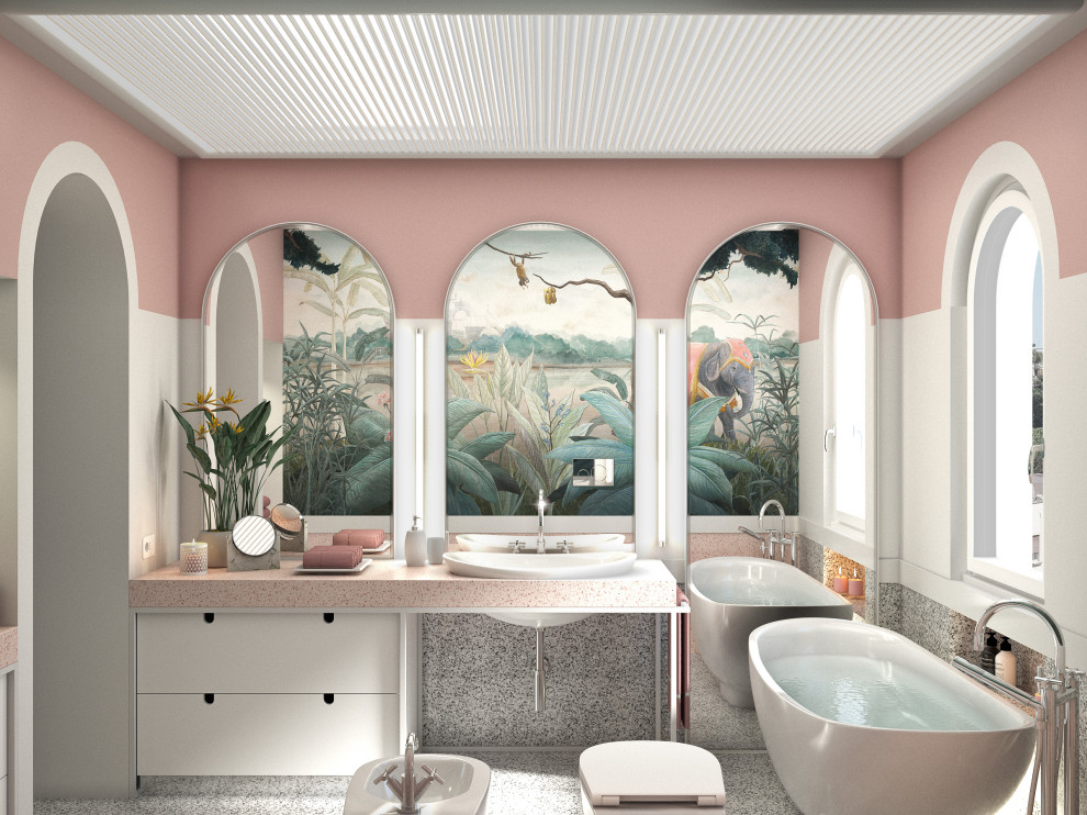На фото: маленькая главная ванная комната в стиле фьюжн с плоскими фасадами, белыми фасадами, отдельно стоящей ванной, унитазом-моноблоком, черно-белой плиткой, мраморной плиткой, розовыми стенами, мраморным полом, накладной раковиной, столешницей терраццо, белым полом, розовой столешницей, нишей, тумбой под одну раковину, напольной тумбой, многоуровневым потолком и обоями на стенах для на участке и в саду с