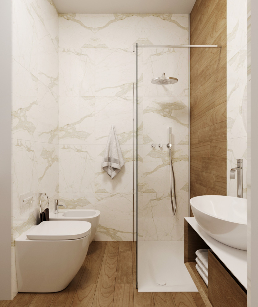 Aménagement d'une petite salle de bain moderne avec un carrelage blanc, des carreaux de céramique, un mur blanc, un sol en carrelage imitation parquet et meuble simple vasque.