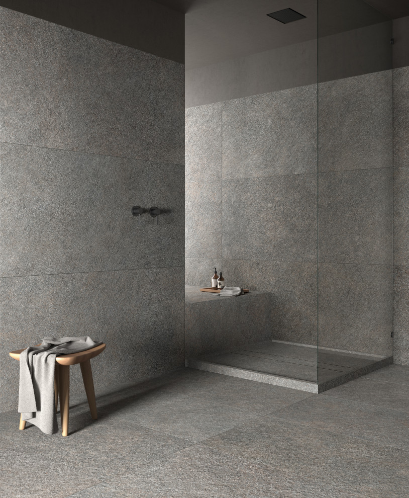 Esempio di una stanza da bagno moderna con doccia ad angolo, piastrelle in gres porcellanato e pavimento in gres porcellanato