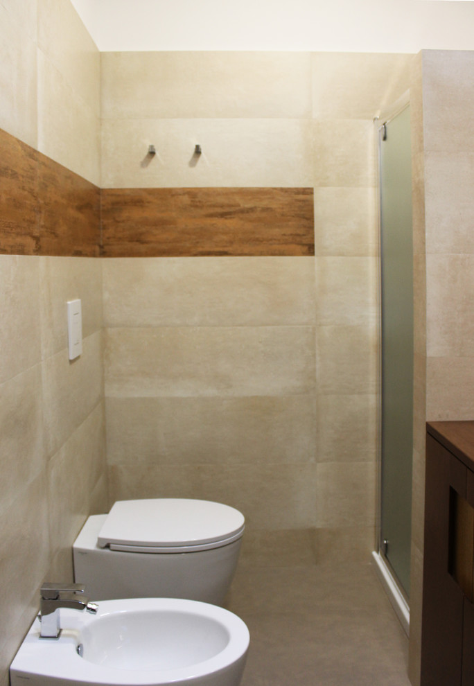 Design ideas for a medium sized contemporary ensuite bathroom in Naples with medium wood cabinets, an alcove shower, a two-piece toilet, red tiles, beige walls, ceramic flooring, an integrated sink, recycled glass worktops and porcelain tiles.