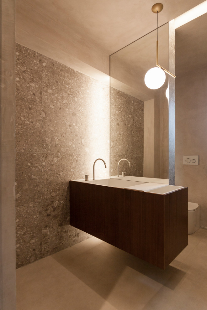 Inspiration för ett stort funkis badrum, med grått golv