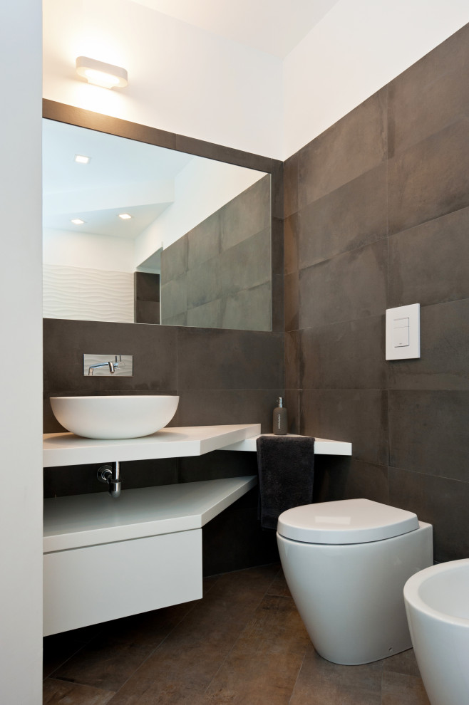 Example of a mid-sized trendy 3/4 gray tile, green tile and porcelain tile porcelain tile, gray floor and single-sink bathroom design in Rome with open cabinets, white cabinets, a vessel sink, white countertops and a built-in vanity