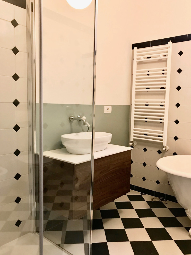 Medium sized retro shower room bathroom in Milan with beaded cabinets, dark wood cabinets, a claw-foot bath, black and white tiles, ceramic tiles, quartz worktops, white worktops, a single sink and a floating vanity unit.