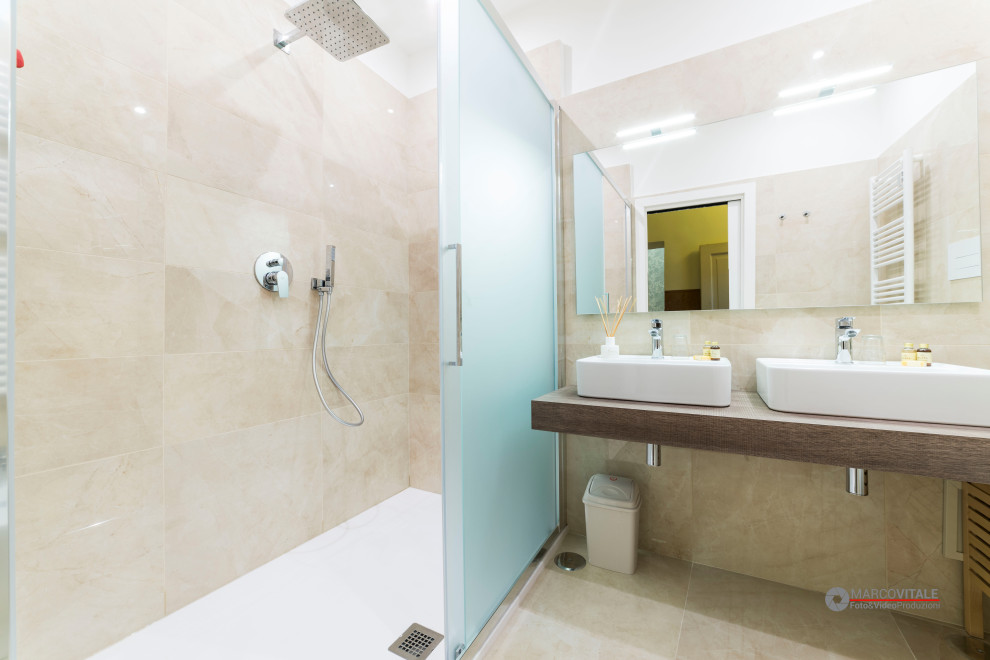 Large contemporary shower room bathroom in Other with brown cabinets, grey tiles, porcelain tiles, multi-coloured walls, terracotta flooring, a vessel sink, laminate worktops, orange floors, brown worktops, a single sink, a floating vanity unit and wallpapered walls.