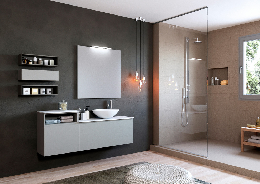 Идея дизайна: большая главная ванная комната в современном стиле с плоскими фасадами и серыми фасадами