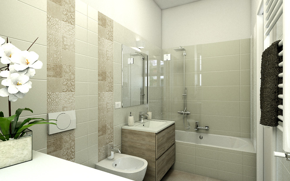 This is an example of a medium sized contemporary ensuite bathroom in Other with flat-panel cabinets, a built-in bath, a wall mounted toilet, white tiles, porcelain tiles, porcelain flooring and an integrated sink.