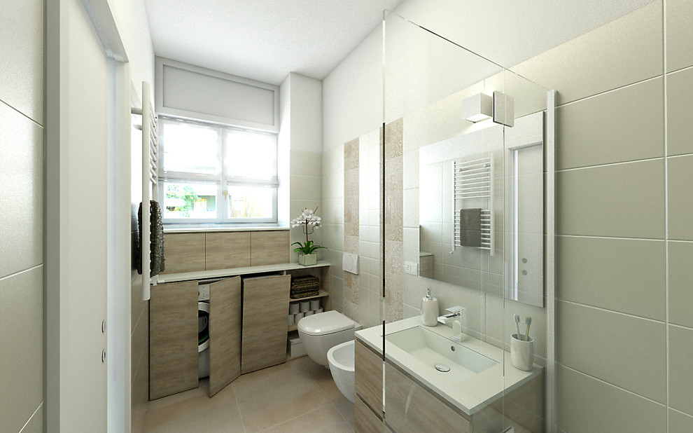 Esempio di una stanza da bagno padronale minimal di medie dimensioni con ante lisce, vasca da incasso, WC sospeso, piastrelle bianche, piastrelle in gres porcellanato, pavimento in gres porcellanato e lavabo integrato
