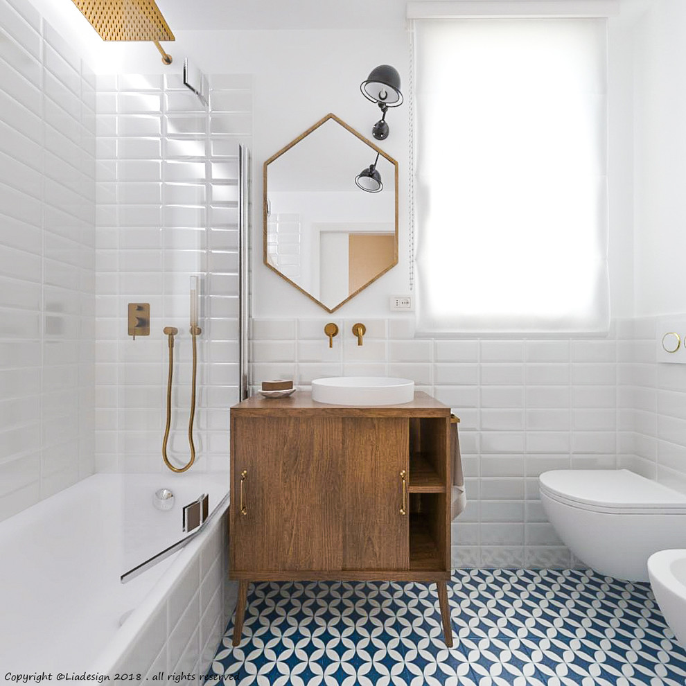 Design ideas for a small contemporary ensuite bathroom in Milan with freestanding cabinets, dark wood cabinets, an alcove bath, an alcove shower, a two-piece toilet, white tiles, ceramic tiles, white walls, cement flooring, a vessel sink, wooden worktops, blue floors and an open shower.