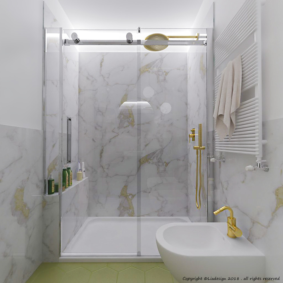 Свежая идея для дизайна: маленькая ванная комната в современном стиле с зелеными фасадами, душем в нише, раздельным унитазом, белой плиткой, мраморной плиткой, белыми стенами, полом из терракотовой плитки, душевой кабиной, настольной раковиной, столешницей из ламината, белым полом и душем с раздвижными дверями для на участке и в саду - отличное фото интерьера