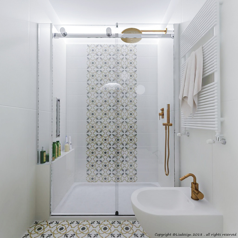 Bathroom - small contemporary 3/4 white tile and marble tile terra-cotta tile and white floor bathroom idea in Milan with green cabinets, a two-piece toilet, white walls, a vessel sink and laminate countertops