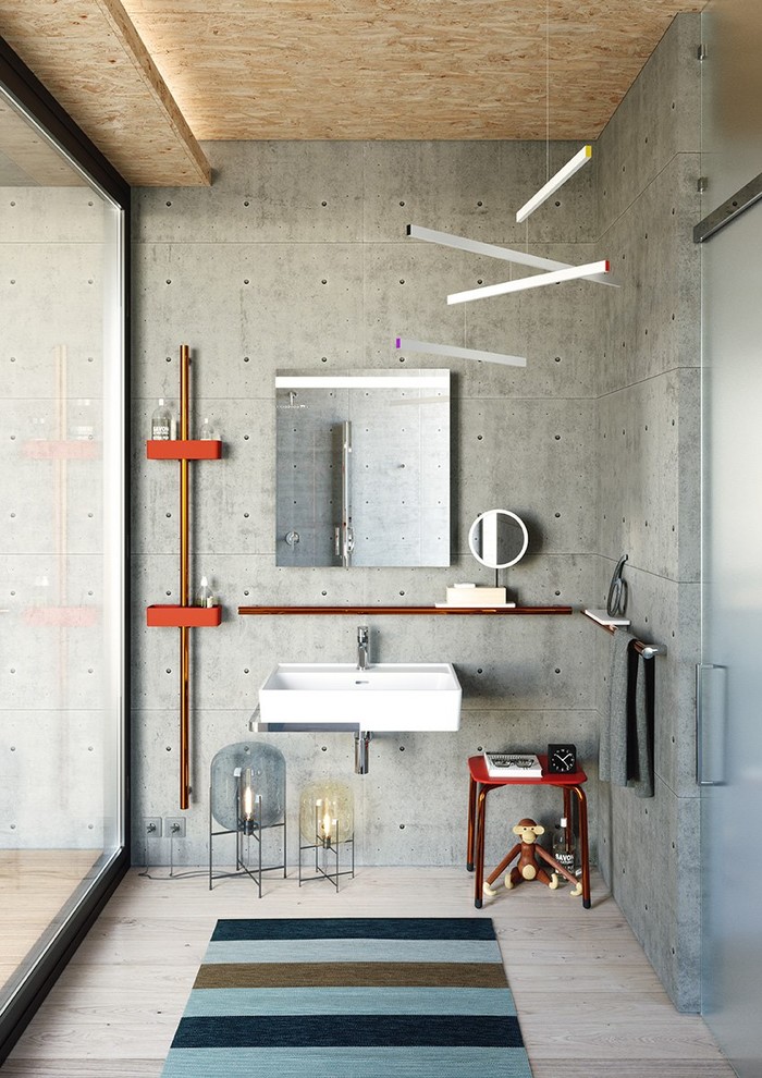Foto på ett mellanstort industriellt badrum för barn, med grå väggar, ljust trägolv, ett väggmonterat handfat, beiget golv, öppna hyllor och grå kakel