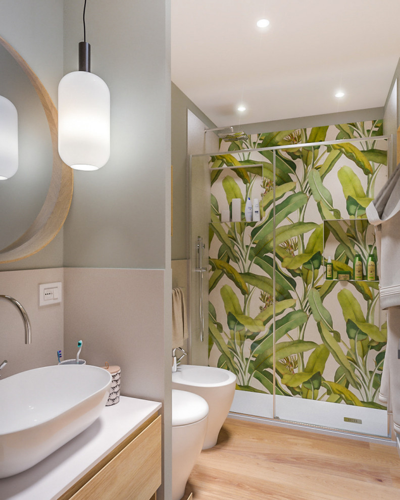 Example of a small trendy 3/4 multicolored tile and porcelain tile light wood floor, single-sink and tray ceiling bathroom design in Milan with flat-panel cabinets, light wood cabinets, a two-piece toilet, green walls, a vessel sink, laminate countertops, white countertops and a floating vanity