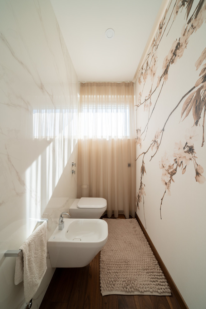 Example of a large trendy master white tile and porcelain tile dark wood floor and brown floor bathroom design in Milan with open cabinets, brown cabinets, a hot tub, a two-piece toilet, white walls, a vessel sink, laminate countertops and brown countertops