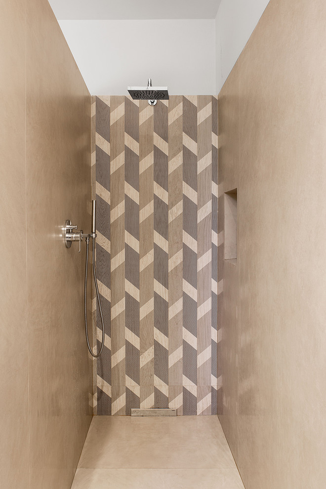 Esempio di una piccola stanza da bagno con doccia industriale con doccia a filo pavimento, piastrelle nere, piastrelle in gres porcellanato, pareti bianche e lavabo a bacinella