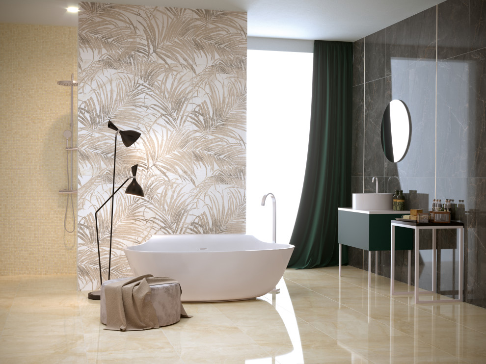 Idées déco pour une salle de bain contemporaine avec une douche ouverte, un carrelage multicolore, des carreaux de porcelaine, un mur multicolore et un sol en carrelage de porcelaine.