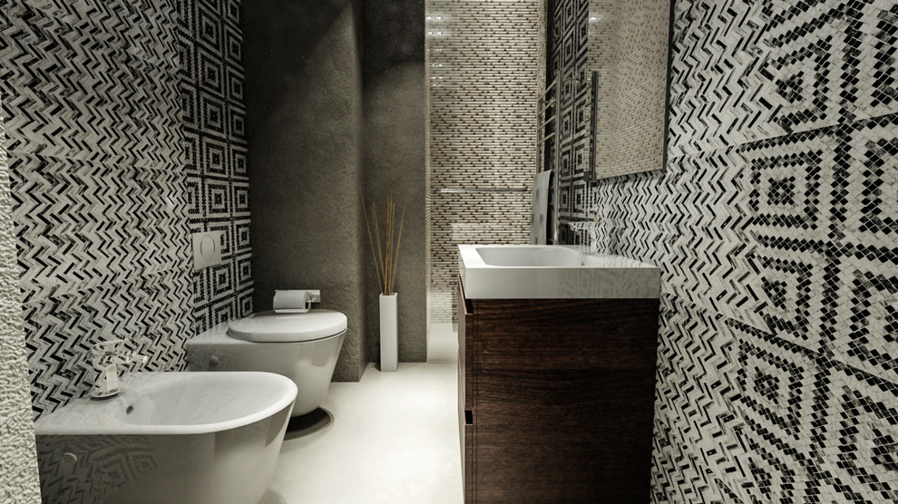 Foto på ett litet eklektiskt badrum med dusch, med släta luckor, skåp i mellenmörkt trä, en dusch i en alkov, en vägghängd toalettstol, svart och vit kakel, flerfärgade väggar, klinkergolv i porslin, ett integrerad handfat, grått golv och dusch med gångjärnsdörr