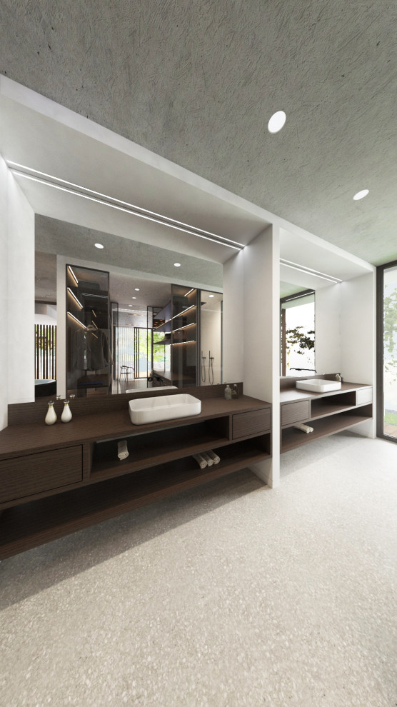 Идея дизайна: маленькая главная ванная комната в современном стиле с плоскими фасадами, гидромассажной ванной, угловым душем, раздельным унитазом, белыми стенами, полом из керамогранита, накладной раковиной, столешницей из дерева, серым полом, душем с раздвижными дверями, тумбой под одну раковину, подвесной тумбой, многоуровневым потолком и деревянными стенами для на участке и в саду