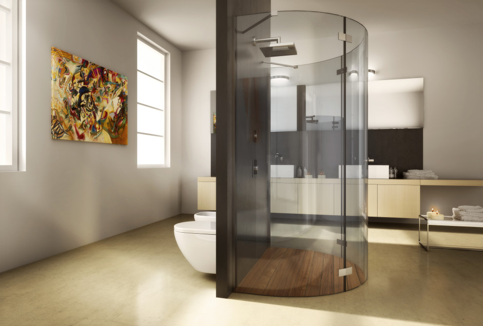 Стильный дизайн: ванная комната в стиле модернизм с душем без бортиков, душевой кабиной и душем с распашными дверями - последний тренд