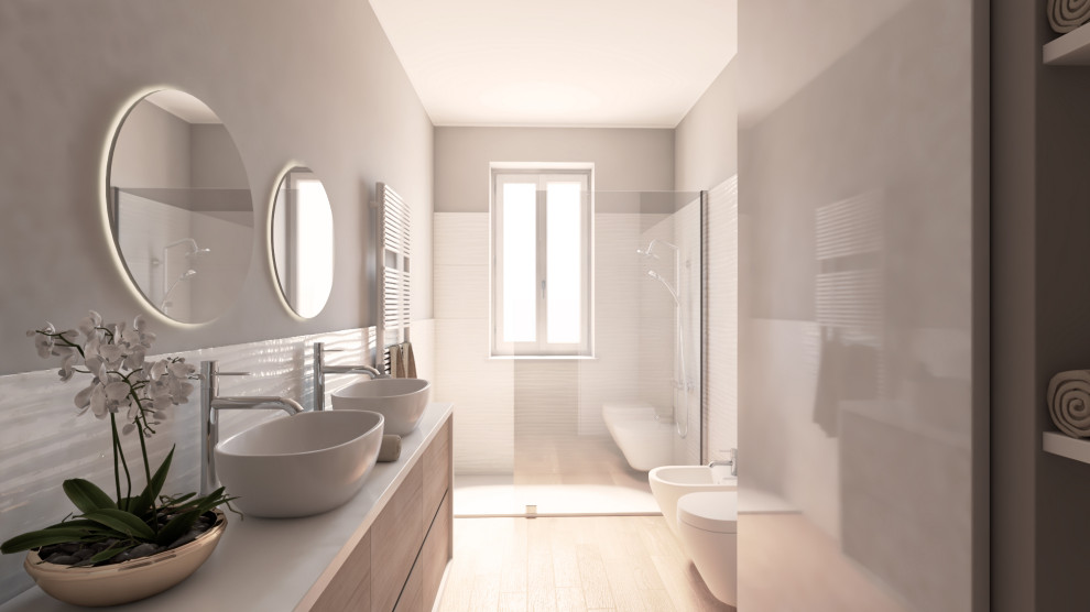 Пример оригинального дизайна: большая ванная комната в стиле модернизм с плоскими фасадами, душевой кабиной, настольной раковиной, открытым душем, белой столешницей, тумбой под две раковины и подвесной тумбой