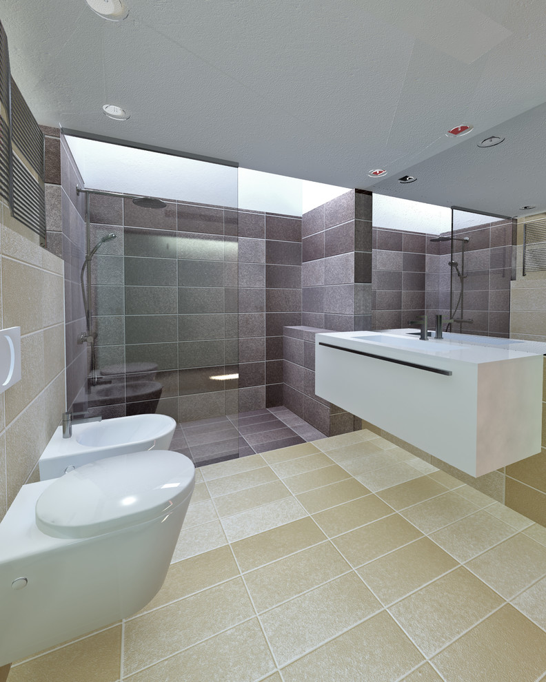 Ispirazione per una stanza da bagno moderna con pareti grigie e parquet chiaro