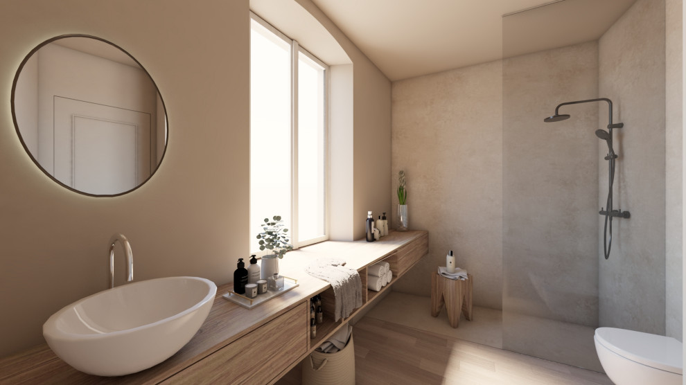 Design ideas for a large contemporary ensuite bathroom in Milan with beaded cabinets, light wood cabinets, a built-in shower, a wall mounted toilet, beige walls, light hardwood flooring, a vessel sink, wooden worktops, a single sink and a floating vanity unit.