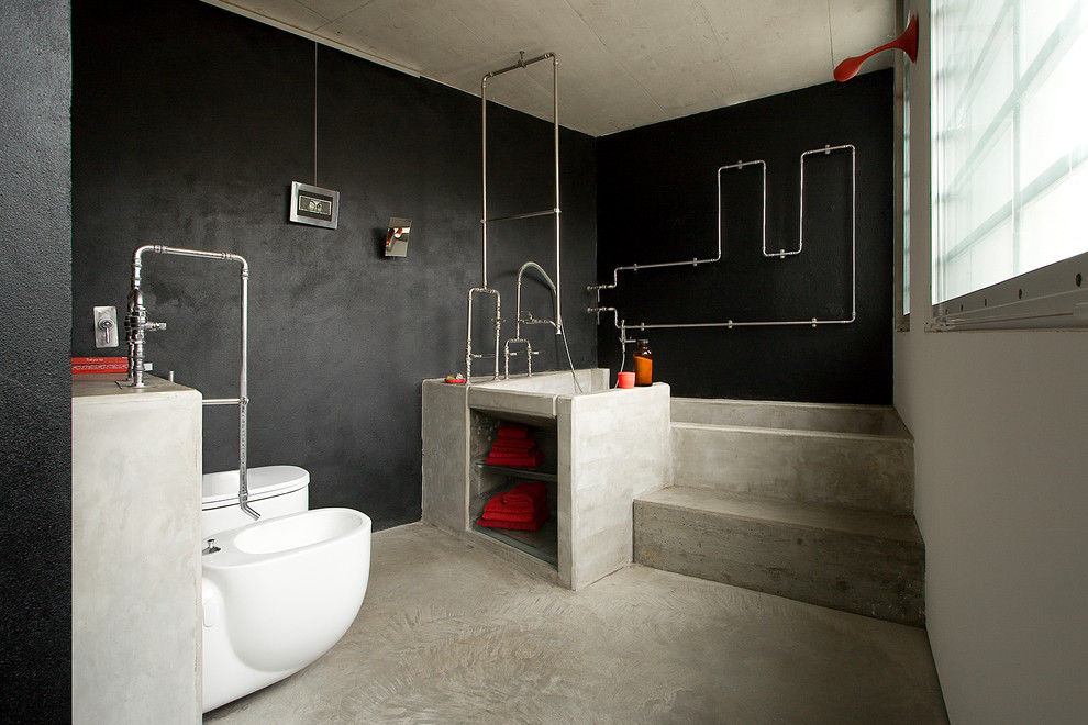 Example of an eclectic bathroom design in Other with open cabinets and concrete countertops
