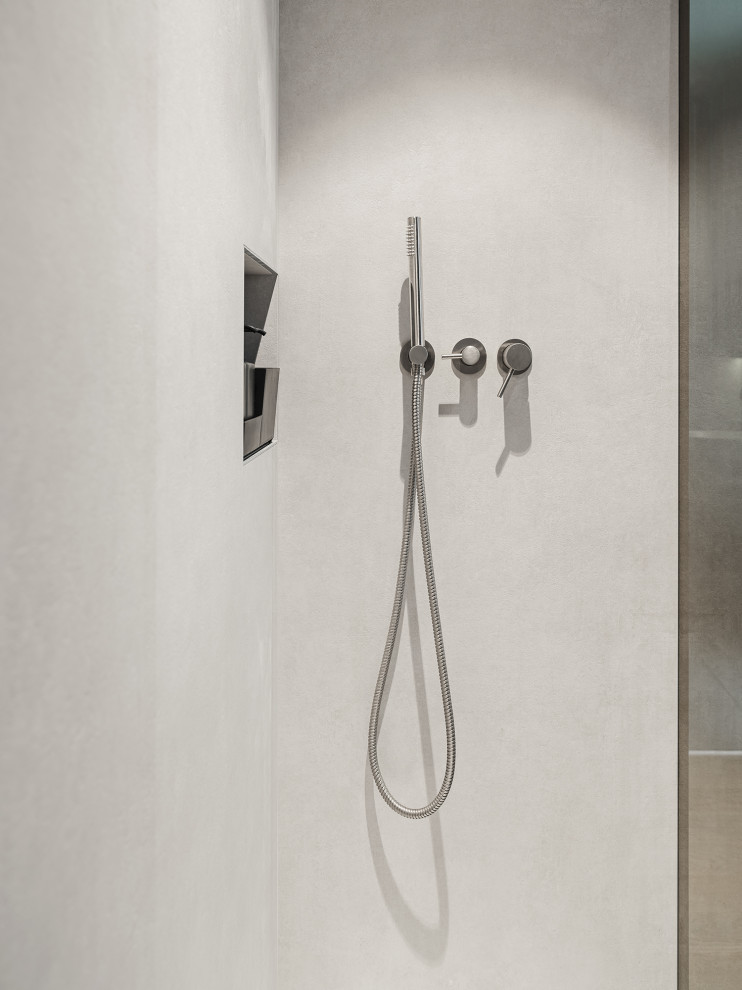 Photo of a small modern shower room bathroom in Bari with a built-in shower, a two-piece toilet, grey tiles, porcelain tiles, grey walls, dark hardwood flooring, a vessel sink, marble worktops, grey floors, a hinged door, black worktops, a single sink, a floating vanity unit and a drop ceiling.