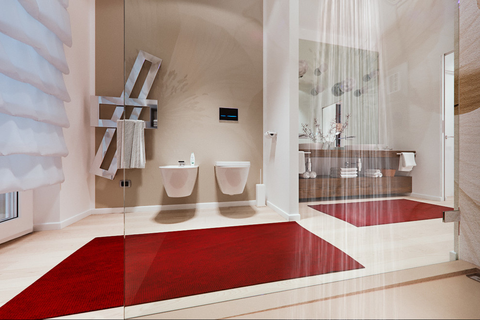 Cette photo montre une grande salle d'eau tendance en bois clair avec une douche ouverte, WC suspendus, un mur multicolore, parquet clair, une vasque et un plan de toilette en bois.