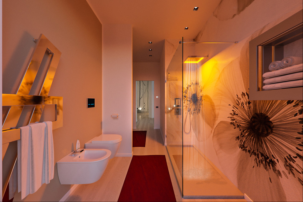 Idee per una grande stanza da bagno con doccia minimal con ante in legno chiaro, doccia aperta, WC sospeso, pareti multicolore, parquet chiaro, lavabo a bacinella e top in legno