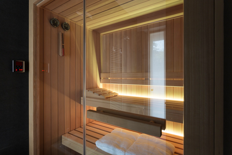 Inspiration for a small contemporary sauna remodel in Milan with a vessel sink
