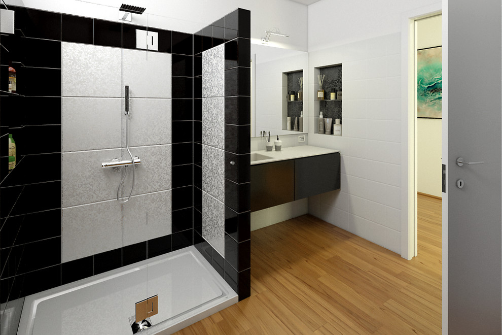 Imagen de cuarto de baño contemporáneo de tamaño medio con suelo de madera en tonos medios