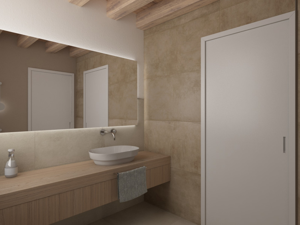 Design ideas for a medium sized modern ensuite bathroom in Venice with flat-panel cabinets, dark wood cabinets, a two-piece toilet, brown tiles, porcelain tiles, wooden worktops, brown worktops, a floating vanity unit, a freestanding bath, a corner shower, beige walls, porcelain flooring, a vessel sink, beige floors, a hinged door, a wall niche, a single sink and a drop ceiling.