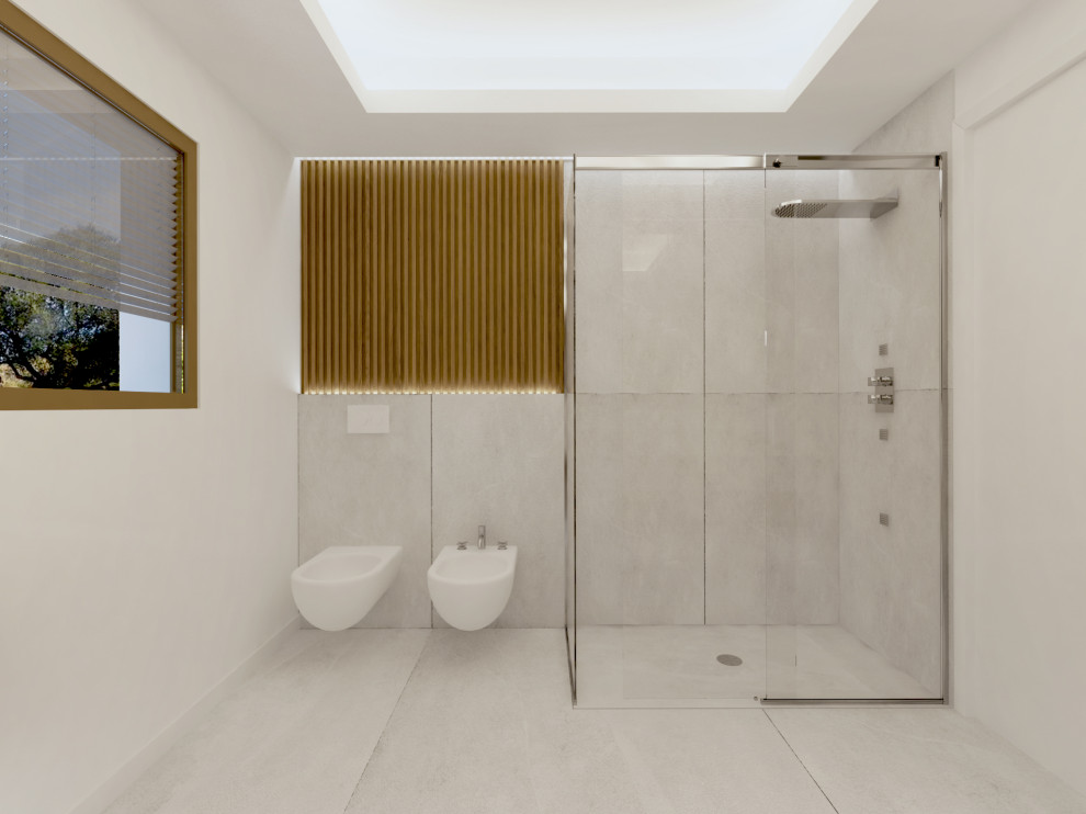Photo of a medium sized contemporary shower room bathroom in Other with a built-in shower, a two-piece toilet, porcelain tiles, white walls, a vessel sink, engineered stone worktops, a sliding door, double sinks, a floating vanity unit and a drop ceiling.