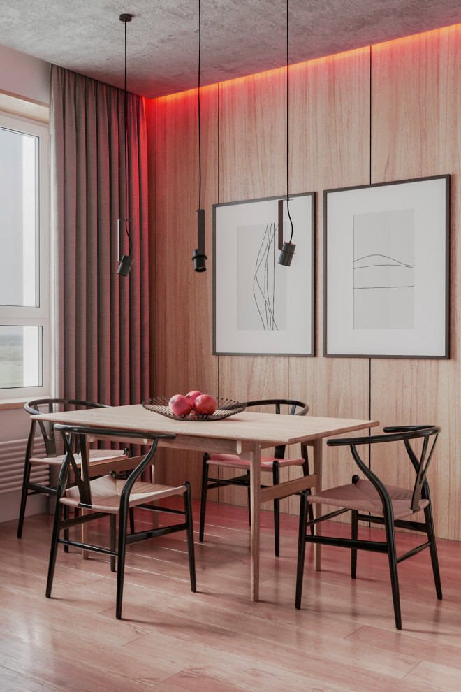 Esempio di una sala da pranzo contemporanea di medie dimensioni con pareti beige, pavimento in vinile, pavimento beige e pareti in legno