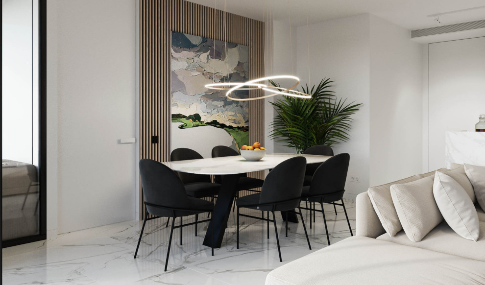 Diseño de comedor contemporáneo grande abierto con paredes blancas, suelo de baldosas de porcelana, suelo blanco y panelado
