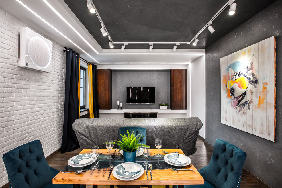 Источник вдохновения для домашнего уюта: гостиная-столовая в современном стиле с серыми стенами