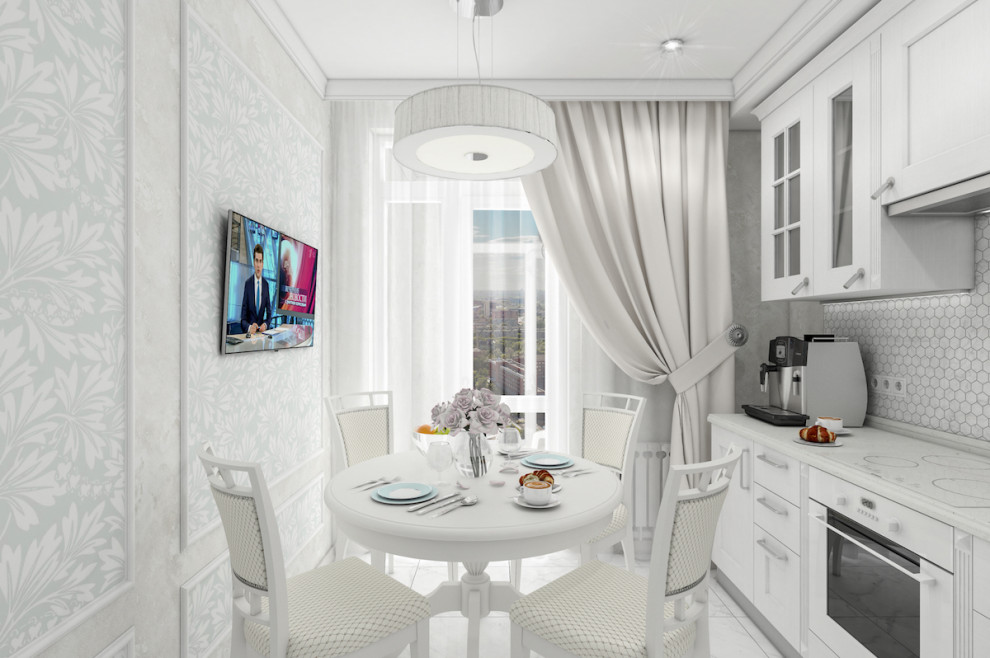 Стильный дизайн: большая кухня-столовая в стиле неоклассика (современная классика) с серыми стенами, полом из керамической плитки, серым полом, многоуровневым потолком и обоями на стенах без камина - последний тренд