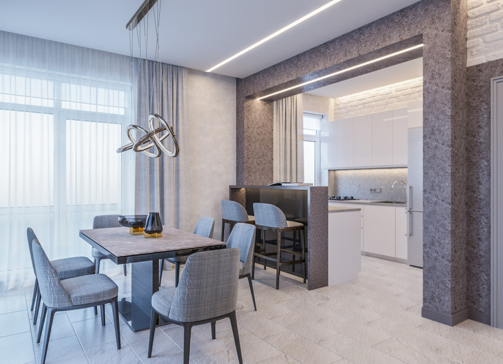 Свежая идея для дизайна: кухня-столовая среднего размера в современном стиле с серыми стенами и серым полом - отличное фото интерьера