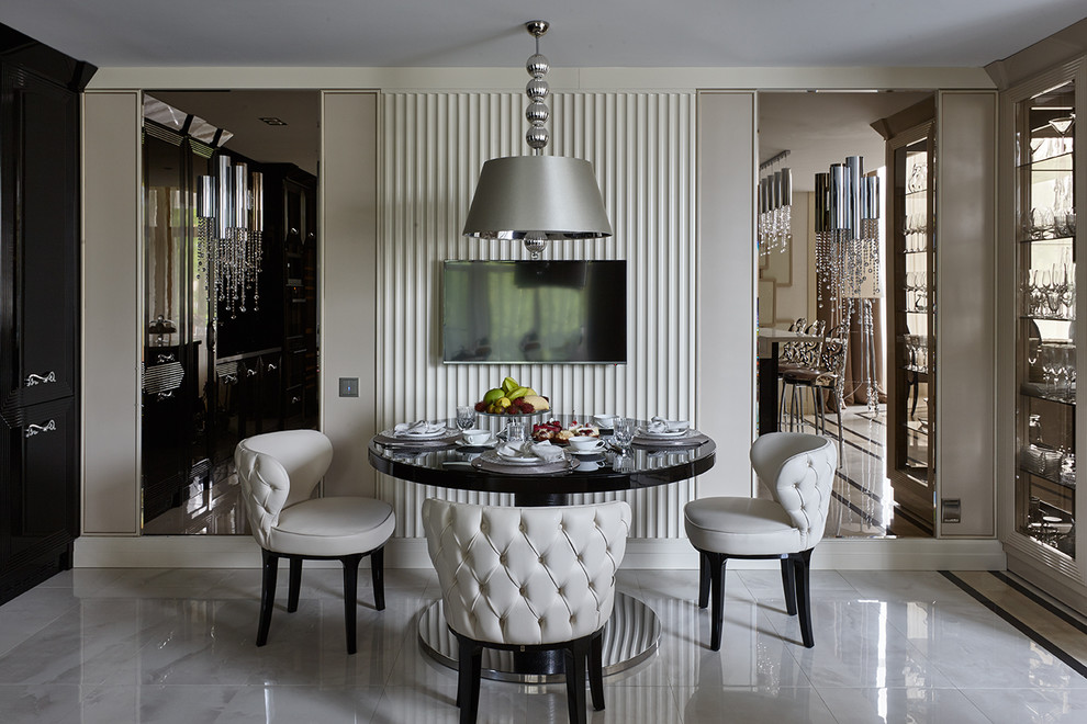 Classic dining room in Moscow with beige walls and white floors.