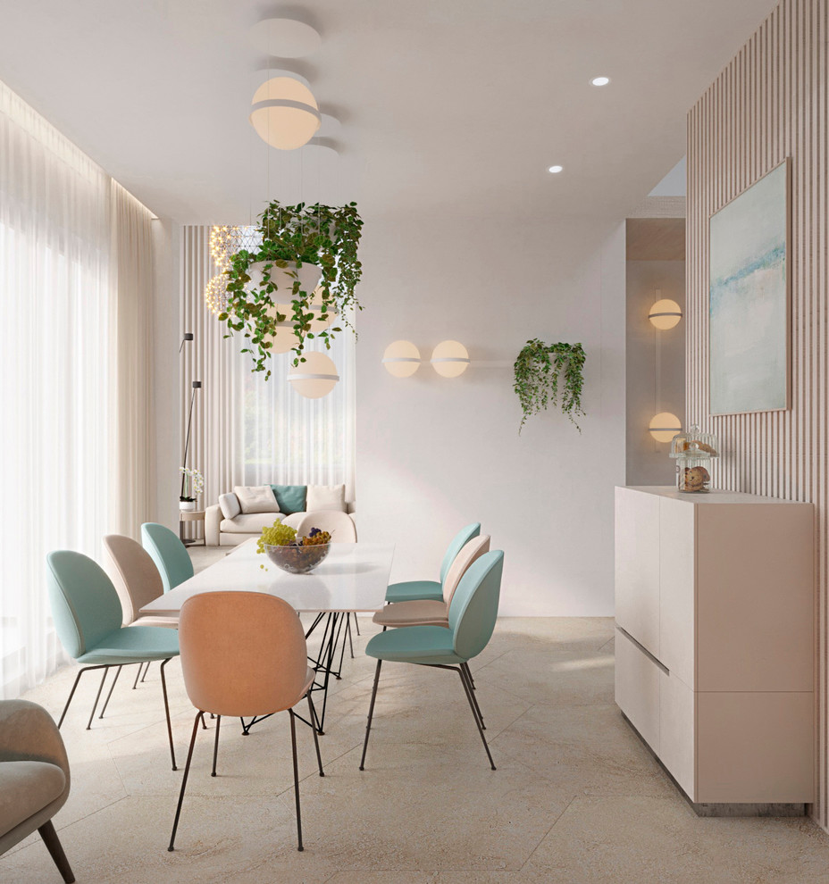 Идея дизайна: гостиная-столовая среднего размера в современном стиле с белыми стенами, полом из керамогранита, горизонтальным камином, фасадом камина из штукатурки и бежевым полом