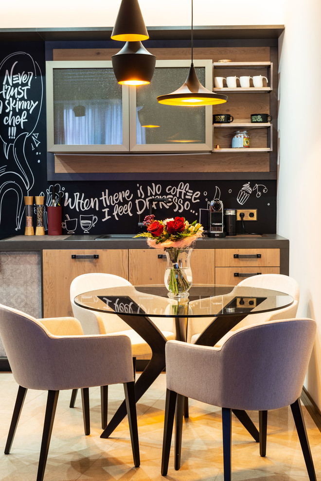 This is an example of a small industrial kitchen/dining room in Moscow with white walls, porcelain flooring and beige floors.