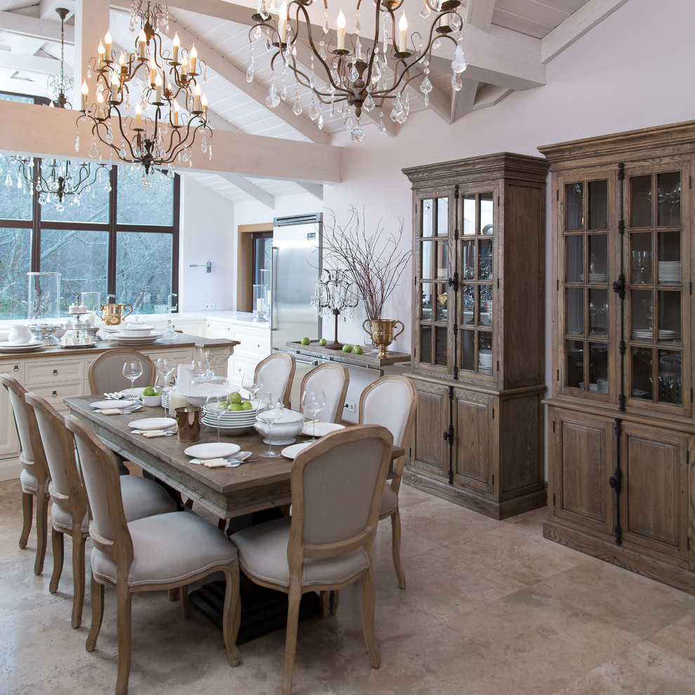 Farmhouse beige floor enclosed dining room photo in Moscow with gray walls