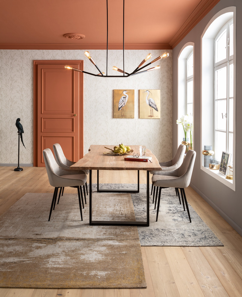 Immagine di una sala da pranzo contemporanea con parquet chiaro, pavimento beige e pareti grigie