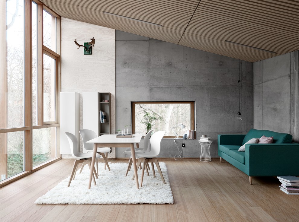 Contemporary open plan dining room in Moscow with light hardwood flooring and multi-coloured walls.