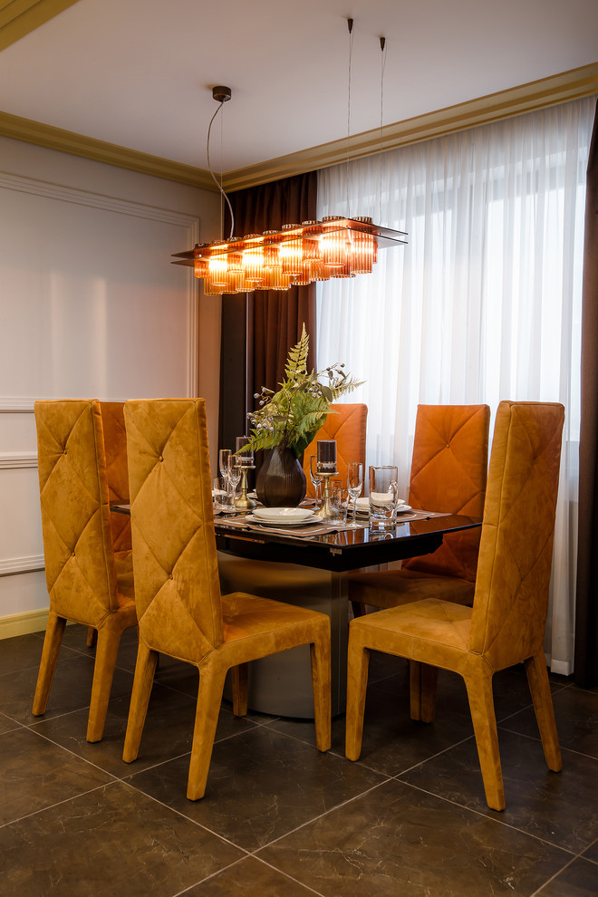 Example of a trendy brown floor dining room design in Yekaterinburg with white walls