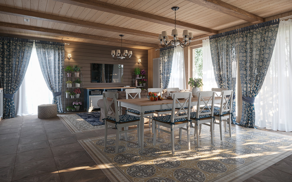 Источник вдохновения для домашнего уюта: гостиная-столовая среднего размера в стиле кантри с коричневым полом и бежевыми стенами