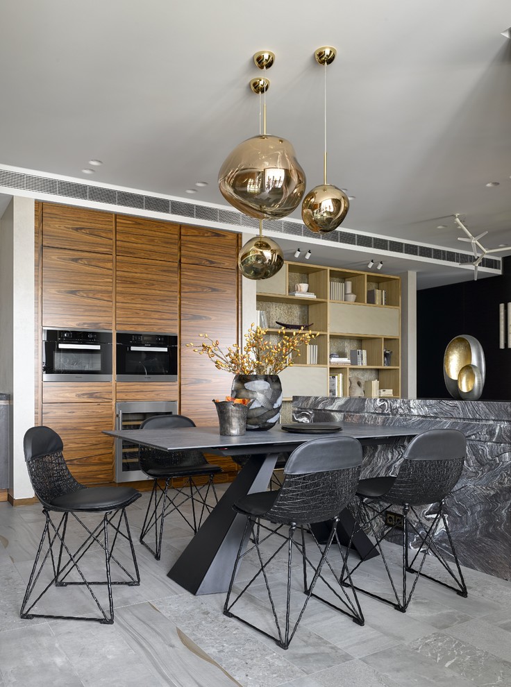 Example of a large trendy gray floor dining room design in Moscow with white walls