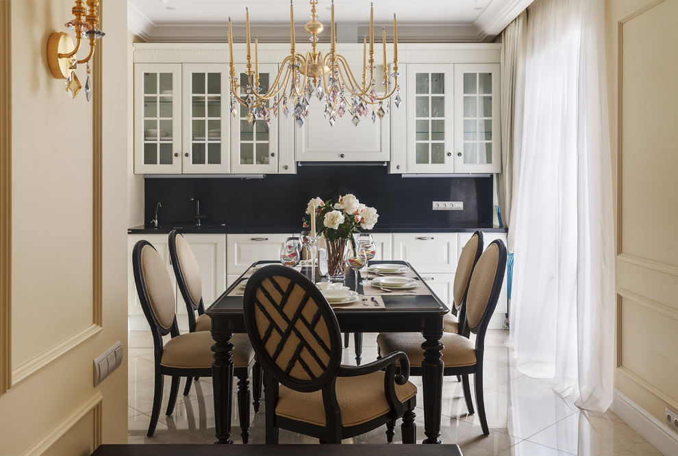 This is an example of a classic dining room in Moscow with beige floors and beige walls.