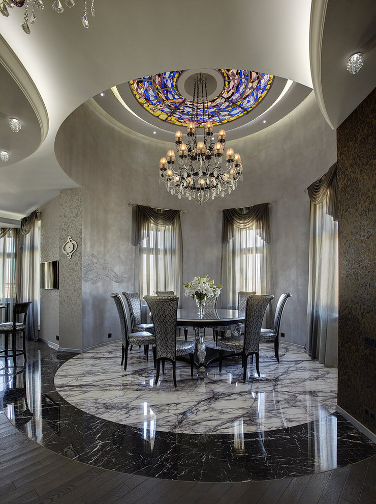 Photo of a large classic kitchen/dining room in Moscow with grey walls, marble flooring and multi-coloured floors.